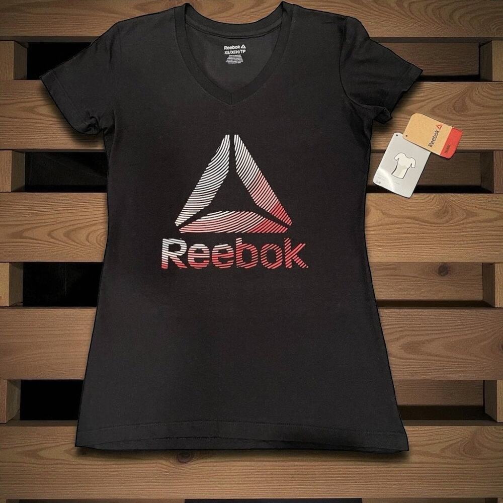 Reebok V-Neck T-Shirt Black Graphic Logo Short Sleeve Breathable NWT Size XS